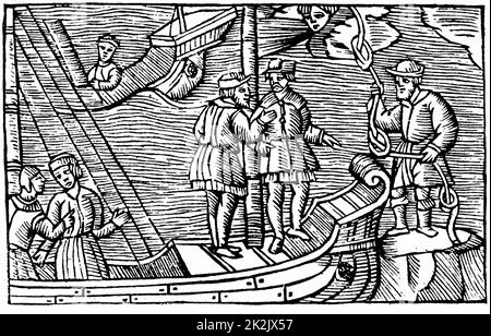 Sailors buying winds (tied in knots) from a magician. From Olaus Magnus 'Historia de gentibus septentrionalibus' Antwerp 1562 Stock Photo