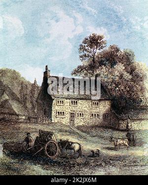 Isaac Newton (1642-1727) English Scientist and mathematician. Woolsthorpe Manor near Grantham, Lincolnshire, Newton's birthplace. Colour-printed engraving 1859 Stock Photo