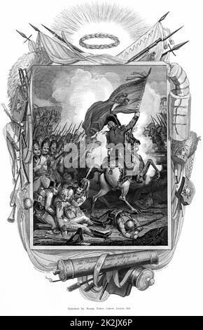 Archduke Charles of Austria (1771-1847) rallies some of 115,000 Austrian troops he commanded to victory at Aspern Essling 21-22 May 1809 against Napoleon.  Copperplate engraving 1832 Stock Photo
