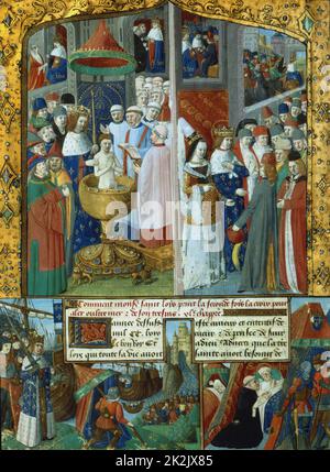 St Louis (Louis IX of France) and Marguerite of Provence leave for Crusade. Jew Baptised in presence of Louis. Landing at Carthage. Death of Louis from plague at Tunis, 1270. Book of St Louis. French 15th century manuscript. Bibliotheque Nationale, Paris. Stock Photo