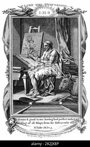 St Luke the Evangelist writing his gospel. 'Bible' Luke 1.3. Patron saint of artists and physicians. An Ox, Luke's symbol, right foreground. Copperplate engraving c1808 Stock Photo