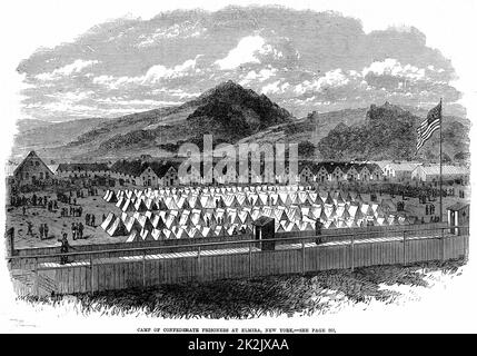 American Civil War 1861-1865: Confederate (southern) prisoners in Federal (northern) prison camp at Elmira, New York Stare. About 10,000 men held in huts and under canvas in enclosure of about 20 acres .From 'The Illustrated London News', March 1865. Wood Stock Photo