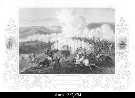Russo-Turkish (Crimean ) War 1853-1856. Battle of the Tchernaya, 16 August 1855. Russians repulsed at the Traktir Bridge. Engraving c1856 Stock Photo