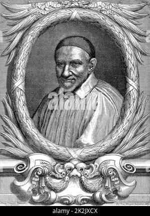 St Vincent de Paul (c1581-1660) French priest and philanthropist: Franciscan. Patron saint of charitable societies. Engraving 1663. Stock Photo