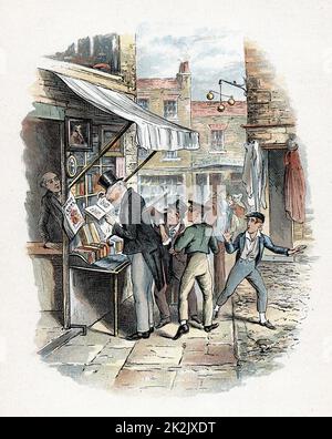 The Artful Dodger picking a pocket to the amazement of Oliver Twist. Illustration by George Cruikshank (1792-1878) for Charles Dickens 'Oliver Twist' 1837-1839 Stock Photo