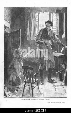 'Silas Marner' George Eliot, 1861. Silas Marner defeated in his attempt to discipline Eppie (aged 3) by shutting her in the coal hole. After this episode, she is brought up without punishment. Illustration by Mary L Gow (1851-1929) published 1882. Stock Photo