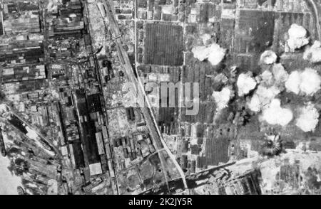 World War II - US air bombardment of a Japanese industrial complex in July 1945 Stock Photo