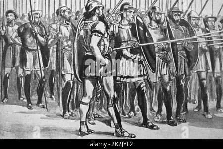 Illustration depicting the Macedonian phalanx an infantry formation developed by Philip II and used by his son Alexander the Great to conquer the Persian Empire and other armies. Stock Photo