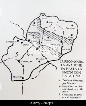 Map depicting 'The Reconquista' of the Kingdom of Aragon. Stock Photo