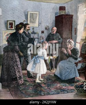 Little girl, watched by proud parents, showing her grandmother her first school prize.   Illustration after Henri Cain from 'Le Petit Journal', Paris, 21 May 1891. Stock Photo