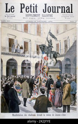 Catholic students of the National Union  laying wreaths  at foot statue of Saint Joan (Joan of Arc  - c1412-1431) The Maid of Orleans, French national heroine of The Hundred Year's War. From 'Le Petit Journal',  Paris, February, 1894. Stock Photo