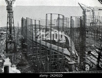 French navy dreadnought-type first-class battleship 'Normandie' under construction in the AC de la Loire shipyard, St Nazaire. Launched October 1914, scrapped 1924-1925. Stock Photo