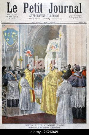 Festival honouring  Saint Joan (Joan of  Arc - c1412-1431) The Maid of Orleans, French national heroine of The Hundred Years' War. Blessing the banner in Notre Dame, Paris.  From 'Le Petit Journal', Paris, 7 May 1894. Stock Photo