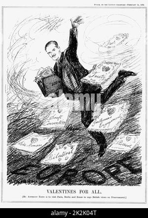 Disarmament: Anthony Eden, lst Earl of Avon (1897-1977) British Conservative statesman. Prime Minister 1955-1957. Cartoon from 'Punch', 14 February 1934,  showing Eden when Under-Secretary for Foreign Affairs visiting Paris, Berlin and Rome to discuss disarmament. Stock Photo
