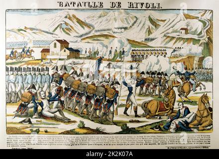 Napoleon at the Battle of Rivoli'. Rivoli (14-15 January 1797) defeat of Austria by French forces under Bonaparte.  Popular French hand-coloured woodcut. Stock Photo