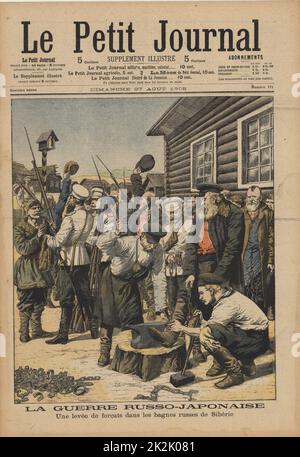 Russo-Japanese War 1904-1905: Russian political prisoners in Siberia being released from their shackles and given their liberty on condition they defend their country against the Japanese.  From 'Le Petit Journal', Paris, 27 August 1905. Stock Photo