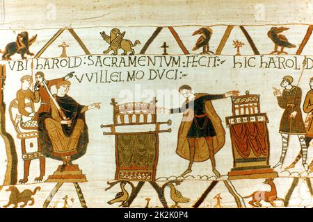 Bayeux Tapestry 1067: Harold Godwinson, Earl of Wessex (Harold II) swearing oath of fealty to William of Normandy (William I, the Conqueror) on holy relics, 1064. William used this oath to boost his claim to English throne. Textile Stock Photo