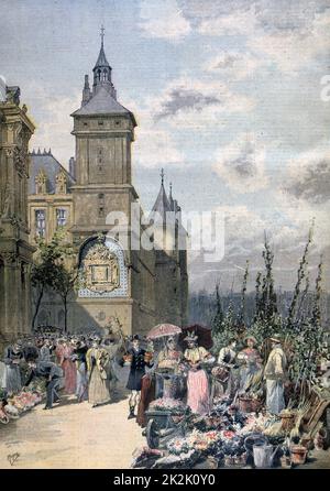 Flower market by the Palais de Justice, Ile de la Cite, Paris. From 'Le Petit Journal', Paris, 15 April 1893. France, Commerce, Trade Stock Photo