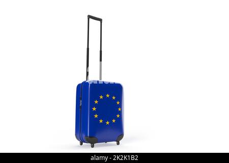 Travel suitcase with the flag of European Union. Travel concept. Isolated. 3D Rendering Stock Photo
