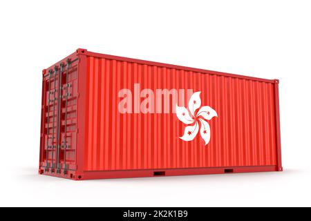 Realistic shipping cargo container textured with Flag of Hong Kong. Isolated. 3D Rendering Stock Photo