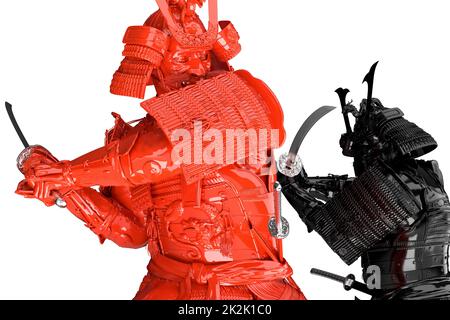 Two Japanese samurai fighting. Isolated. 3D Rendering Stock Photo