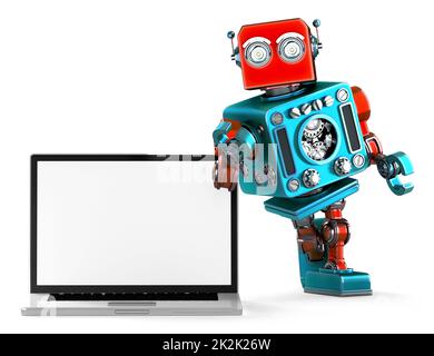 Retro Robot with blank screen laptop. 3d illustration. Isolated. Contains clipping path Stock Photo