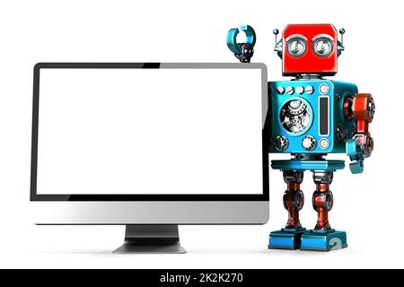 Retro Robot with computer display. Isolated. 3D illustration. Contains clipping path Stock Photo