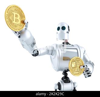 Golden bitcoin coin shining in the robots hand. 3D illustration. Isolated. Contains clipping path Stock Photo