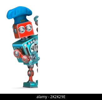 Vintage Robot Chef holding white banner. 3D illustration. Isolated. Contains clipping path Stock Photo