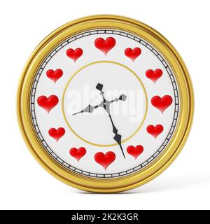 Red hearts on clock instead of numbers. 3D illustration Stock Photo