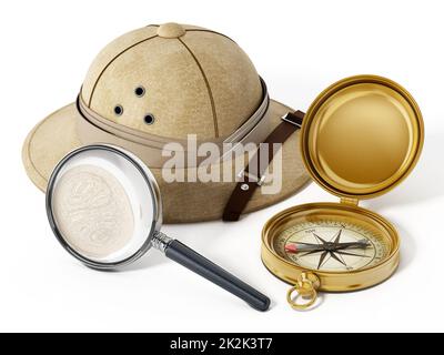 Explorer hat, magnifying glass and vintage compass.. 3D illustration Stock Photo