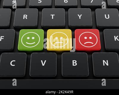 Customer survey symbols on the keyboard. 3D illustration Stock Photo