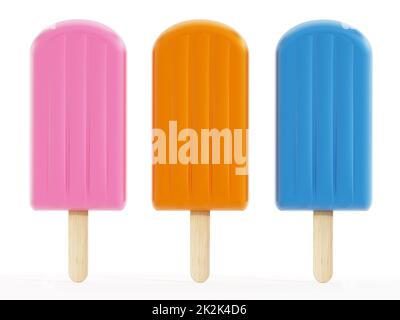 Pink, orange and blue ice creams on wooden stick. 3D illustration Stock Photo