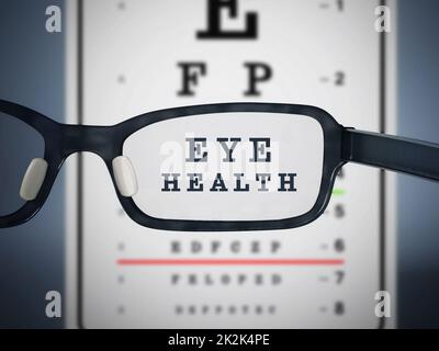 Eye test chart and eyeglasses. 3D illustration Stock Photo