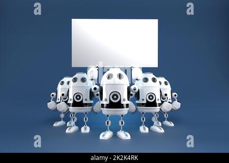 Group of robots with blank board. Contains clipping path Stock Photo