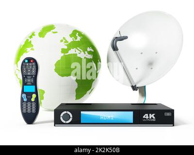 Dish, 4K ultra HD receiver, remote controller with globe. 3D illustration Stock Photo