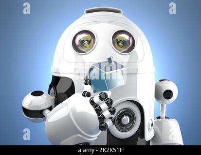 3D Robot holding miniature house figure. Smart Home Concept. Contains clipping path Stock Photo