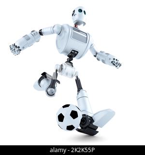 3D Robot playing football. Isolated. Contains clipping path Stock Photo