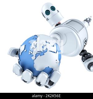 Globe in the hand of the robot. Technology concept. Isolated. Contains clipping path Stock Photo