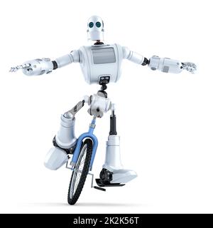 Robot riding unicycle. Technology concept. Isolated. Contains clipping path Stock Photo