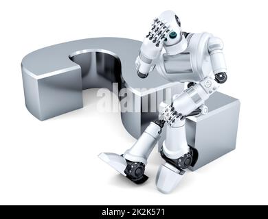 Sad thoughtful robot sitting on question mark. Isolated. Contains clipping path Stock Photo
