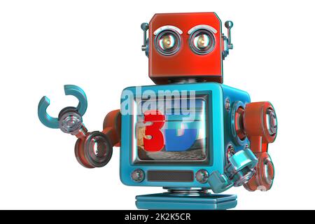 Robot with TV screen. 3D TV concept image. Isolated. Contains clipping path Stock Photo