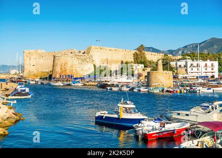 Kyrenia harbour with medieval castle on a background. Kyrenia (Girne), Cyprus Stock Photo