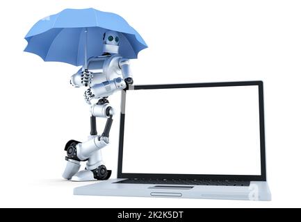 Robot with laptop under umbrella. Digital protection concept. Isolated. Contains clipping path Stock Photo