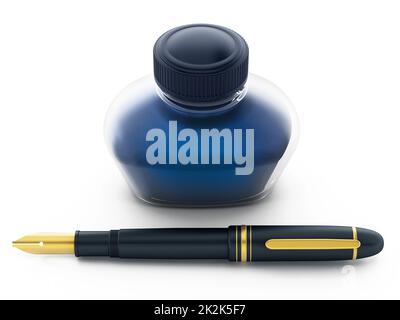 Blue ink bottle and pen isolated on white background. 3D illustration Stock Photo