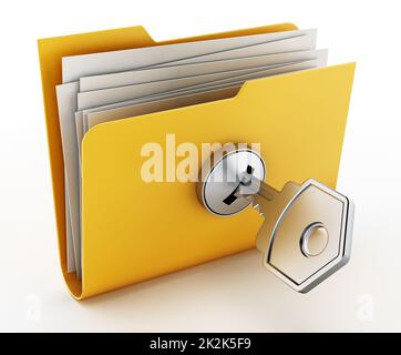 Key on locked yellow folder. 3D illustration Stock Photo