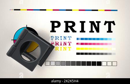 Printing loupe standing on colour test paper. 3D illustration Stock ...