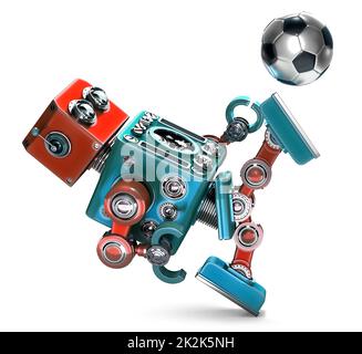 3D Retro Robot playing soccer. Isolated. Contains clipping path Stock Photo