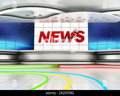 Modern news studio with large TV screens. 3D illustration Stock Photo