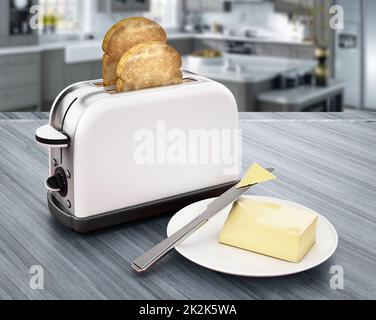 Butter and knife beside toaster and grilled bread. 3D illustration Stock Photo